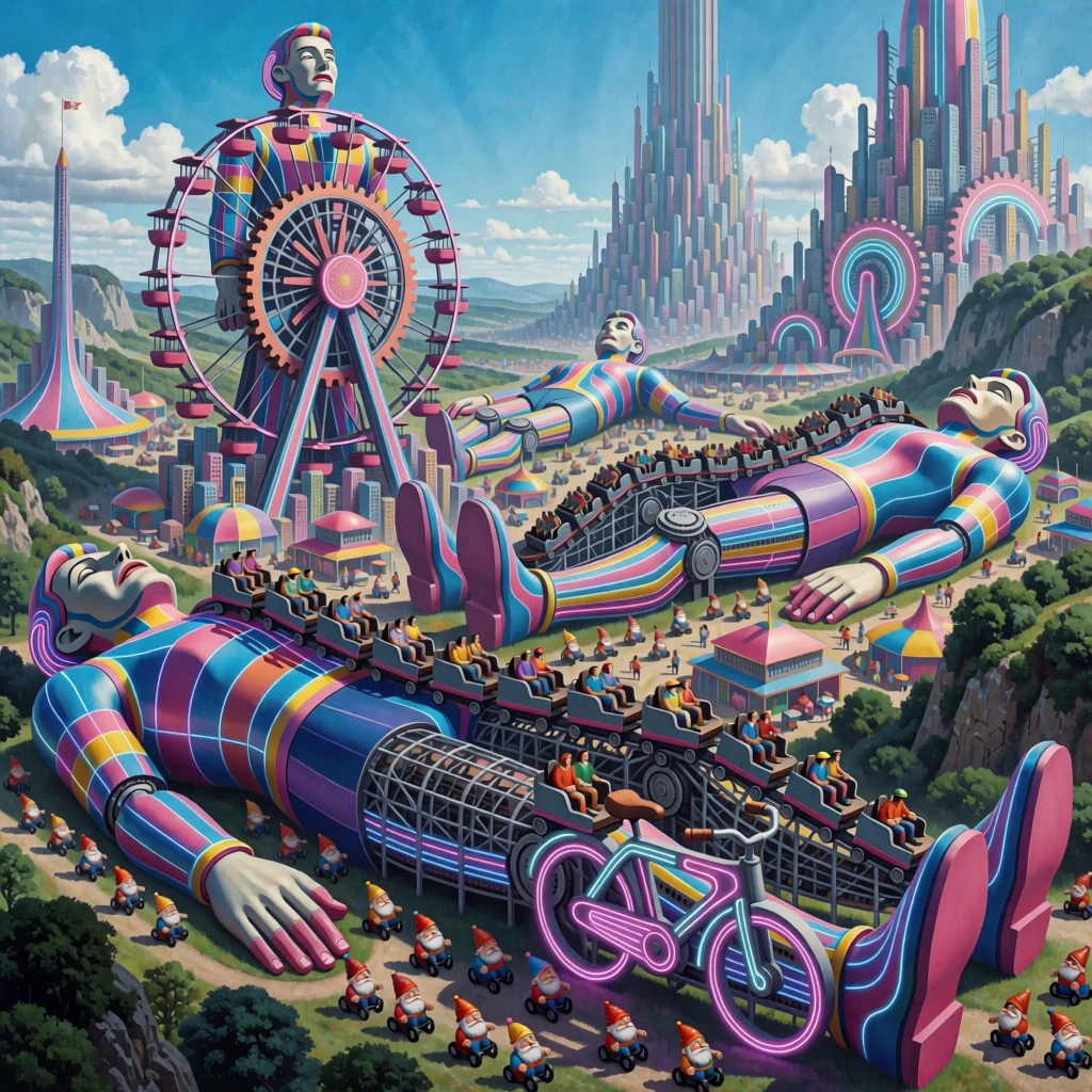 Surreal neon amusement park with giant striped robots and roller coasters.