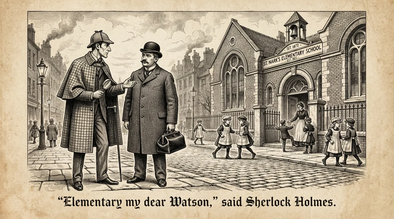 Vintage illustration of Sherlock Holmes and Watson outside an elementary school.