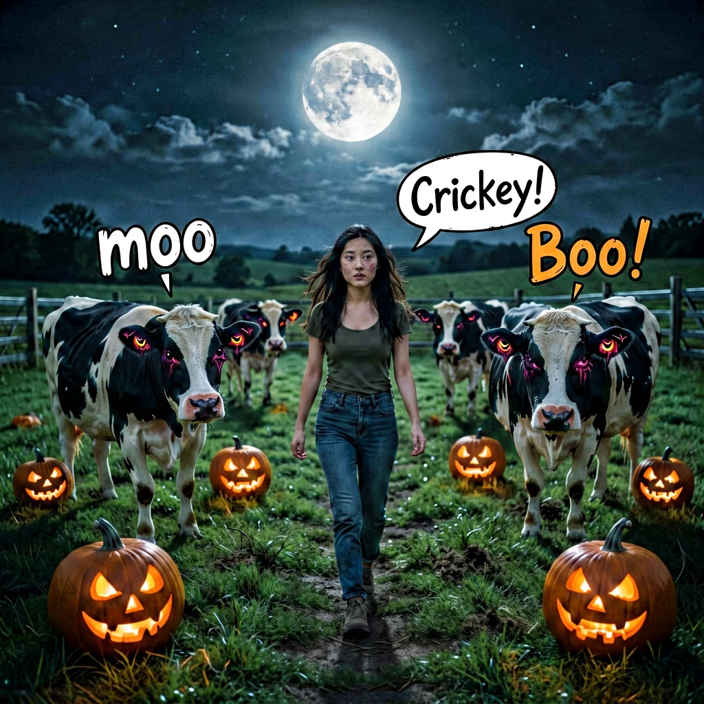Woman walks through eerie cow field with jack-o’-lanterns under a full moon.