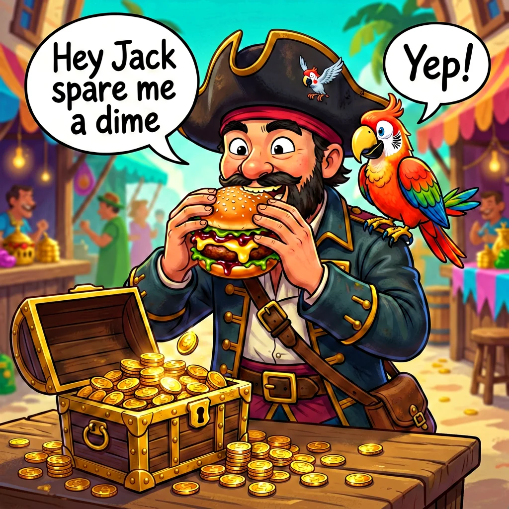 Pirate Jack eats a burger beside his treasure chest as his parrot says, “Yep!”