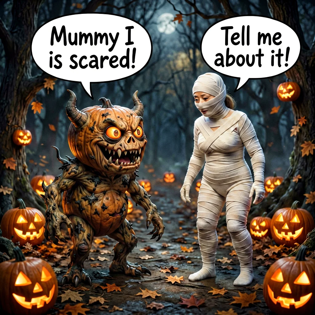 A pumpkin monster tells a mummy it is scared in a spooky jack-o’-lantern forest.