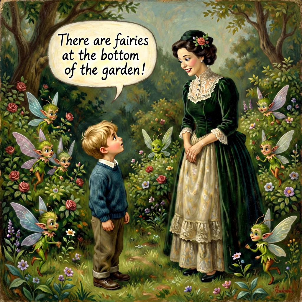 A woman tells a boy about fairies as they flutter through a flower-filled garden.