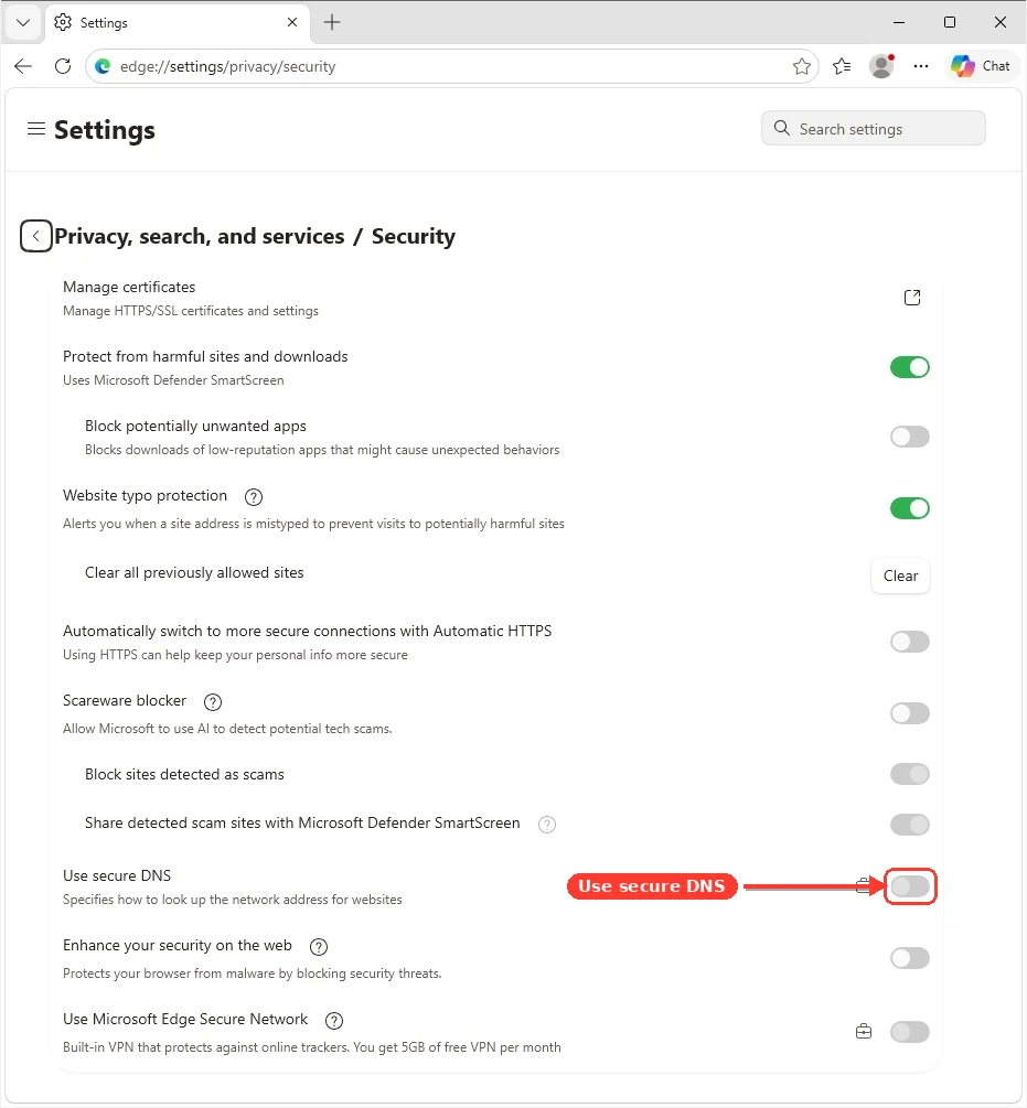 Microsoft Edge Settings > Privacy, search, and services > Security, showing the Use secure DNS option.