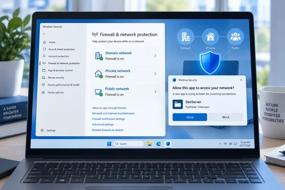 A laptop displays Windows Security firewall settings and a prompt asking whether to allow DevServer network access.