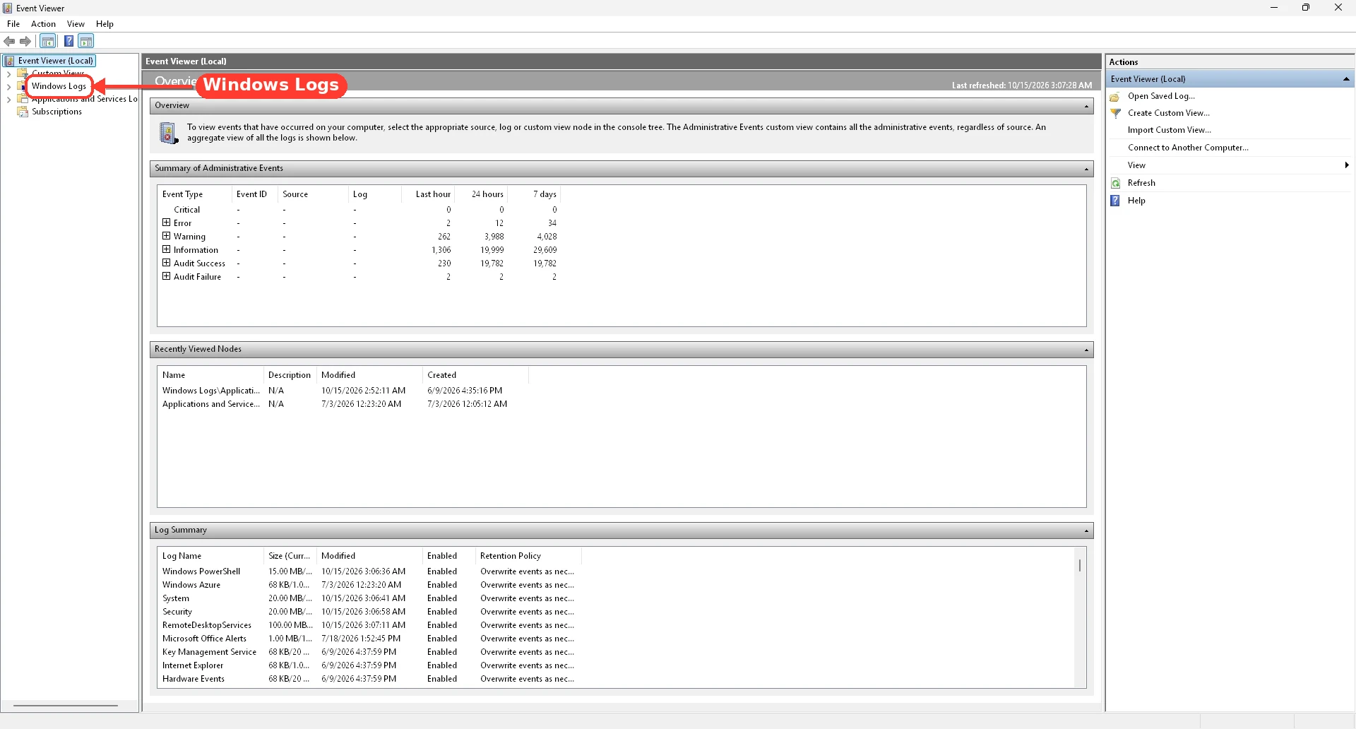 Event Viewer showing the System log with service start and stop events.