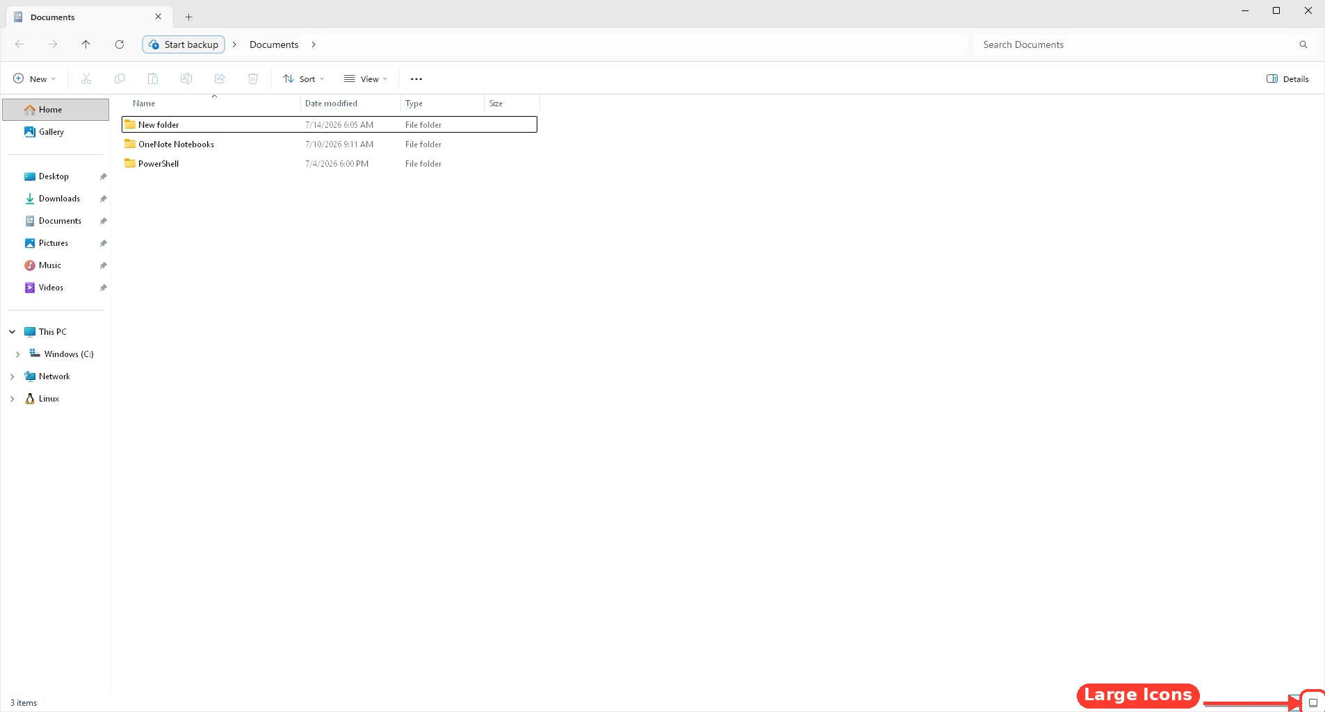 File Explorer opens to the Documents folder, where document items can be shown with sortable columns if the view is set to Details.