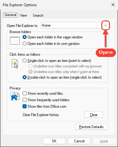 The File Explorer Options dialog opens on the General tab, where the Privacy section includes the Clear button for clearing File Explorer history.