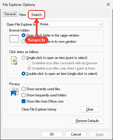 File Explorer Options dialog on the General tab with privacy controls and reset-related settings.