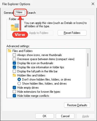 The View tab of File Explorer Options with the Folder views buttons and the Advanced settings list of file and folder options.