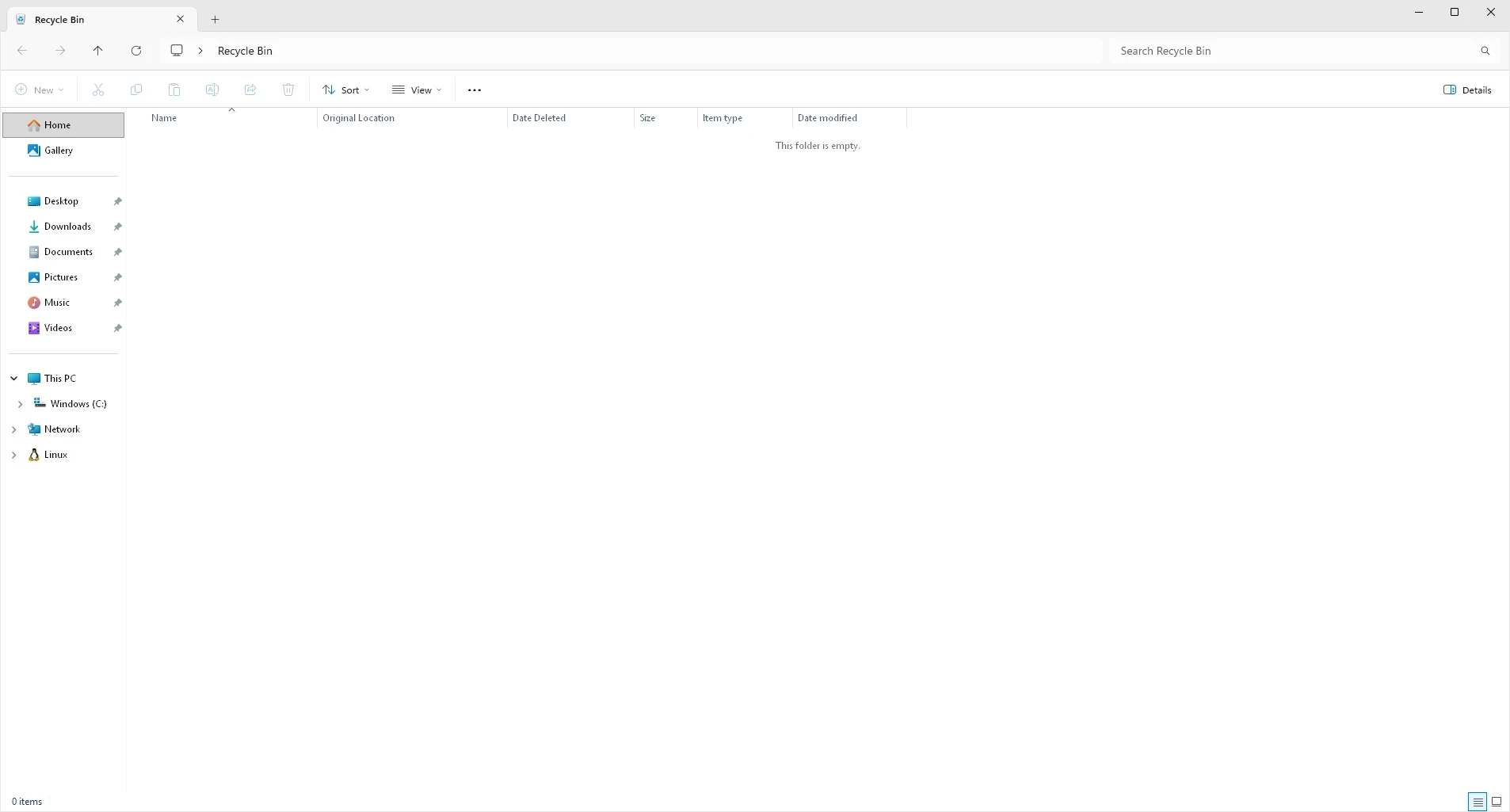 The Recycle Bin folder is open in File Explorer and displays deleted items if any are currently present.