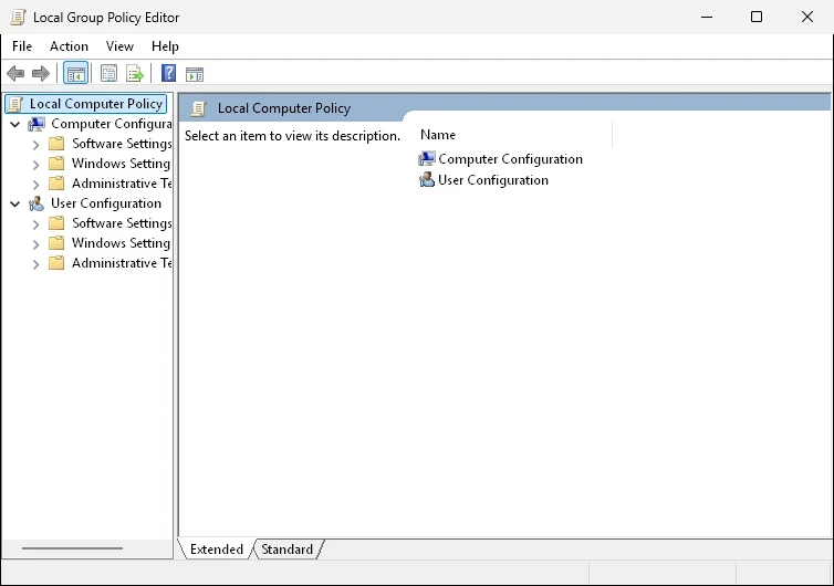 The Local Group Policy Editor with the Computer Configuration and User Configuration trees.