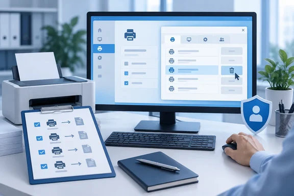 A desktop printer and monitor display a print-management interface, with security and document workflow icons.