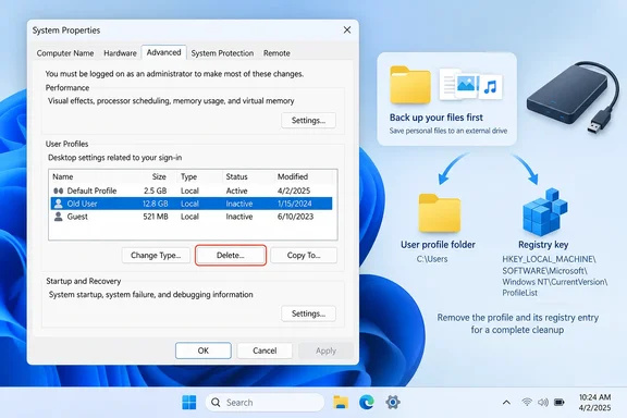Windows System Properties highlights an inactive user profile for deletion, alongside backup and profile-cleanup guidance.
