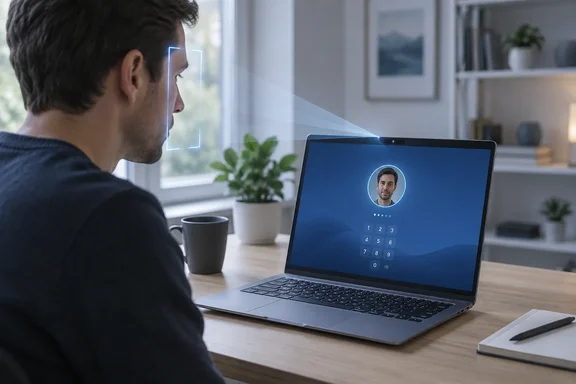 A man uses facial recognition to unlock his laptop while sitting at a desk.