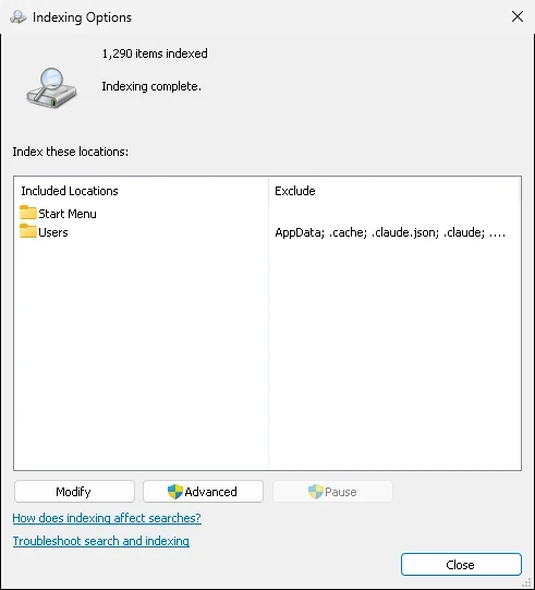 Indexing Options window showing indexed locations and modify controls.