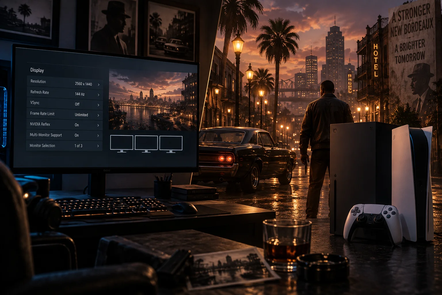 A gaming setup displays graphics settings beside a PS5, with a moody, rain-soaked city game scene in the background