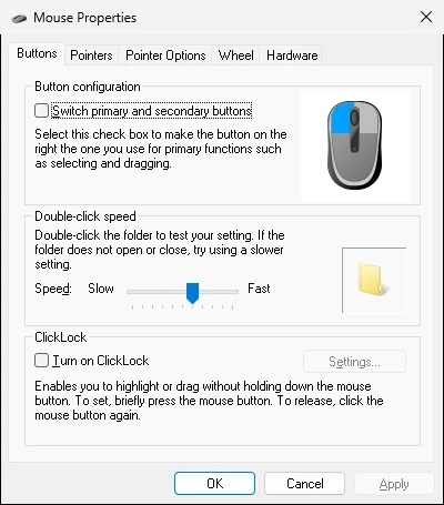 The classic Mouse Properties dialog opens with tabs for buttons, pointers, pointer options, wheel, and hardware.