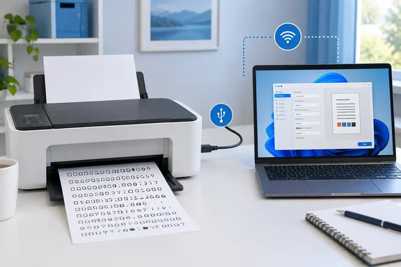 A printer connects to a laptop via USB or Wi‑Fi, with a printed test page on the desk.