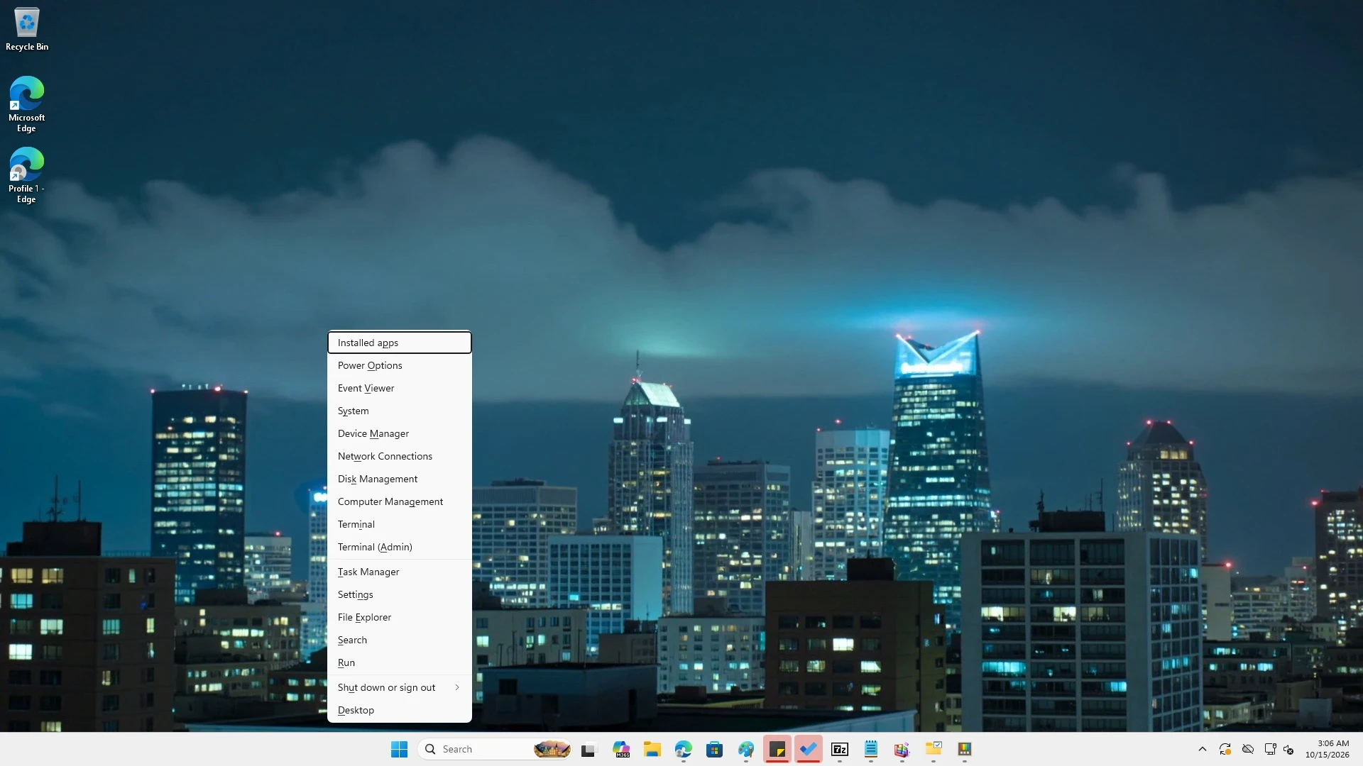 Win+X menu with Terminal and Command Prompt options.