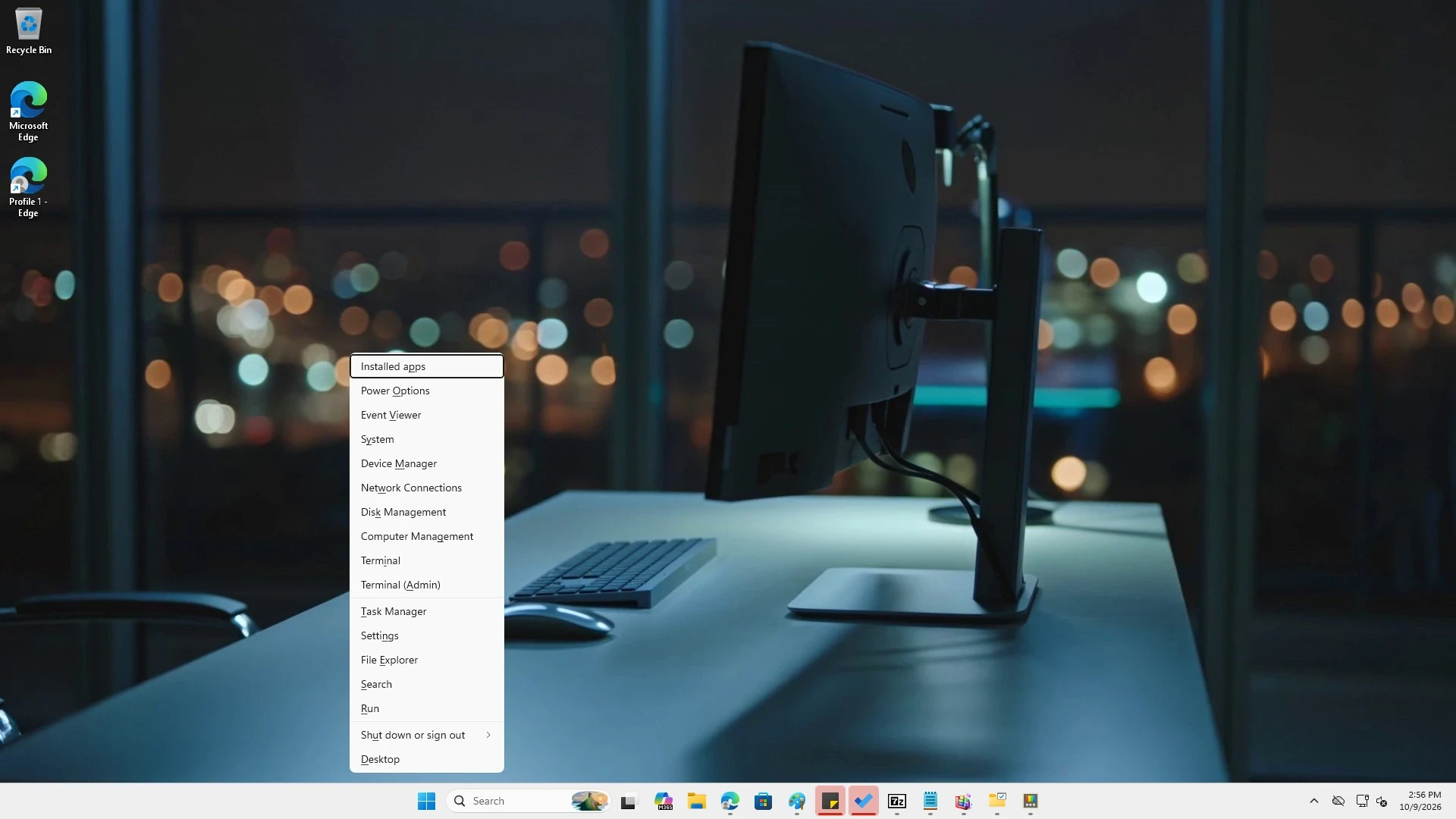 Windows 11 power-user menu opened from Start, listing shortcuts like Terminal, Settings, and Task Manager.