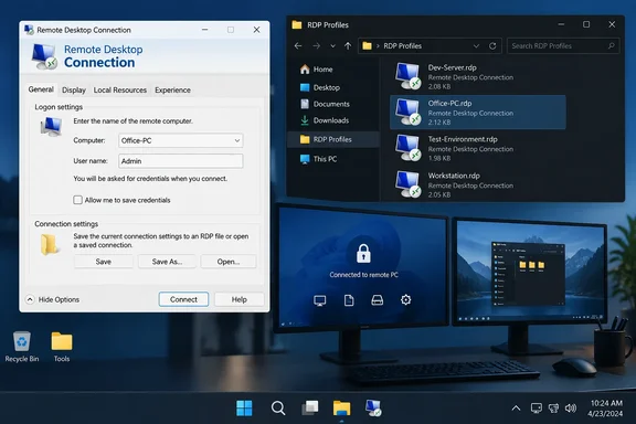 A Windows desktop shows Remote Desktop Connection settings beside a folder of saved RDP profiles and dual monitors.