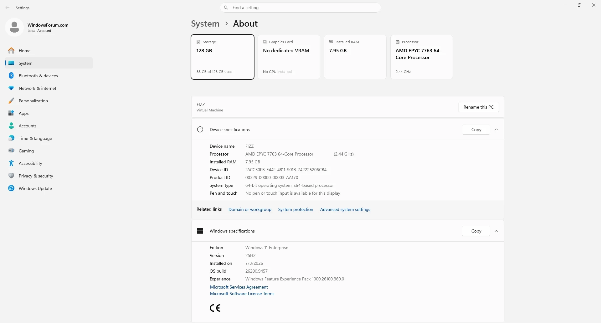 Windows 11 Settings on the System > About page showing Device specifications, Windows specifications and edition