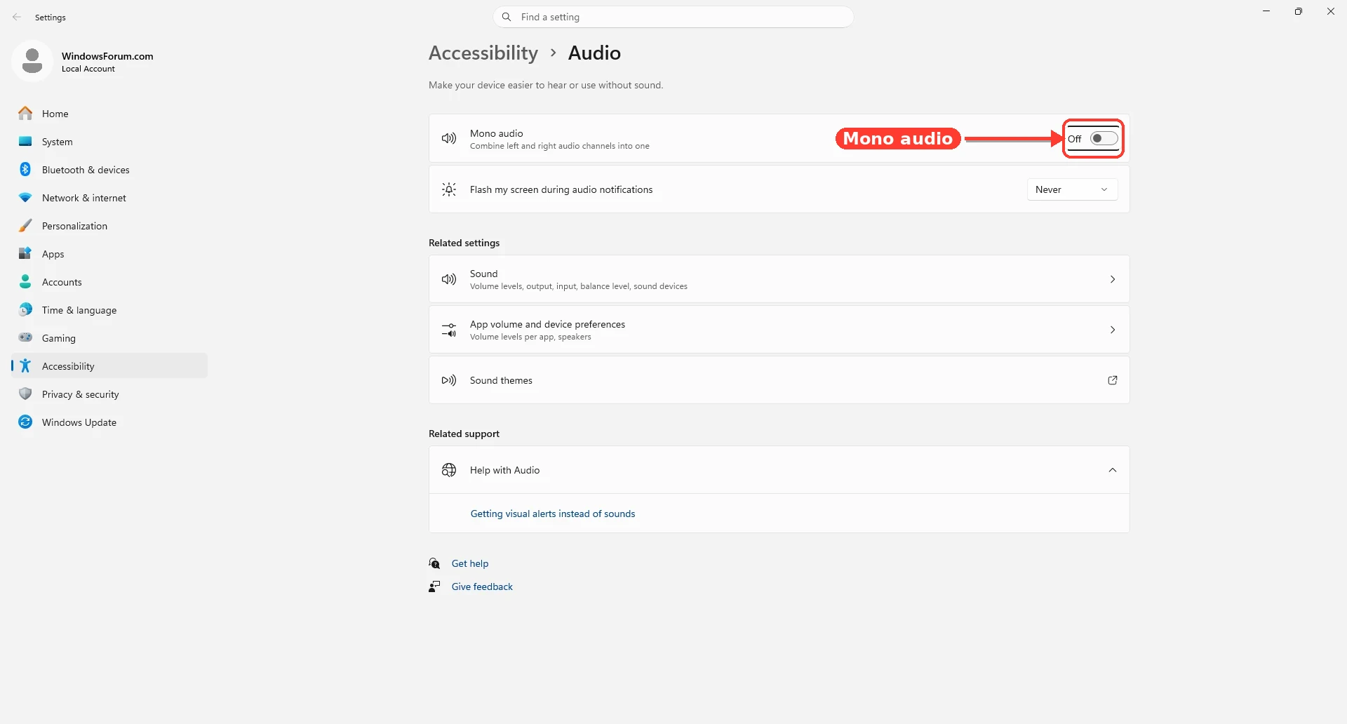 Windows 11 Accessibility Audio settings showing visual sound alert options.