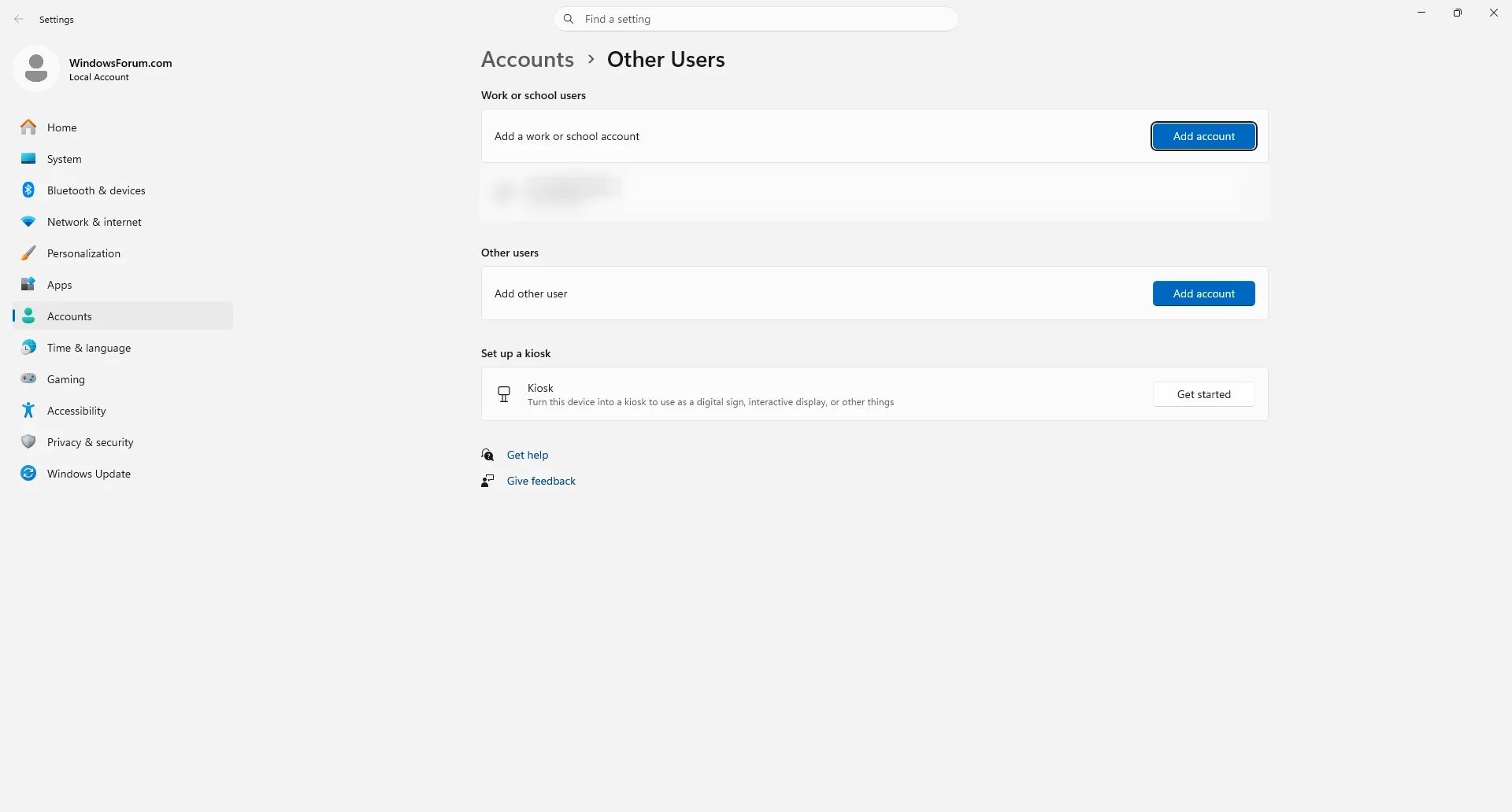 Shows the Accounts page for Other users, including the section and controls to add or manage another user account on the PC.