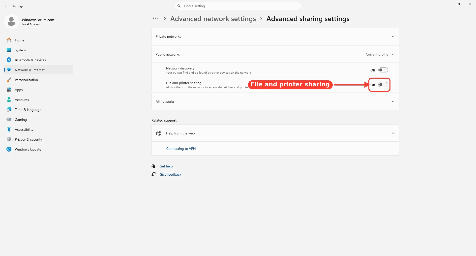 Settings > Network & internet > Advanced sharing settings, listing the Private networks, Public networks and All networks sections with Network discovery and File and printer shari