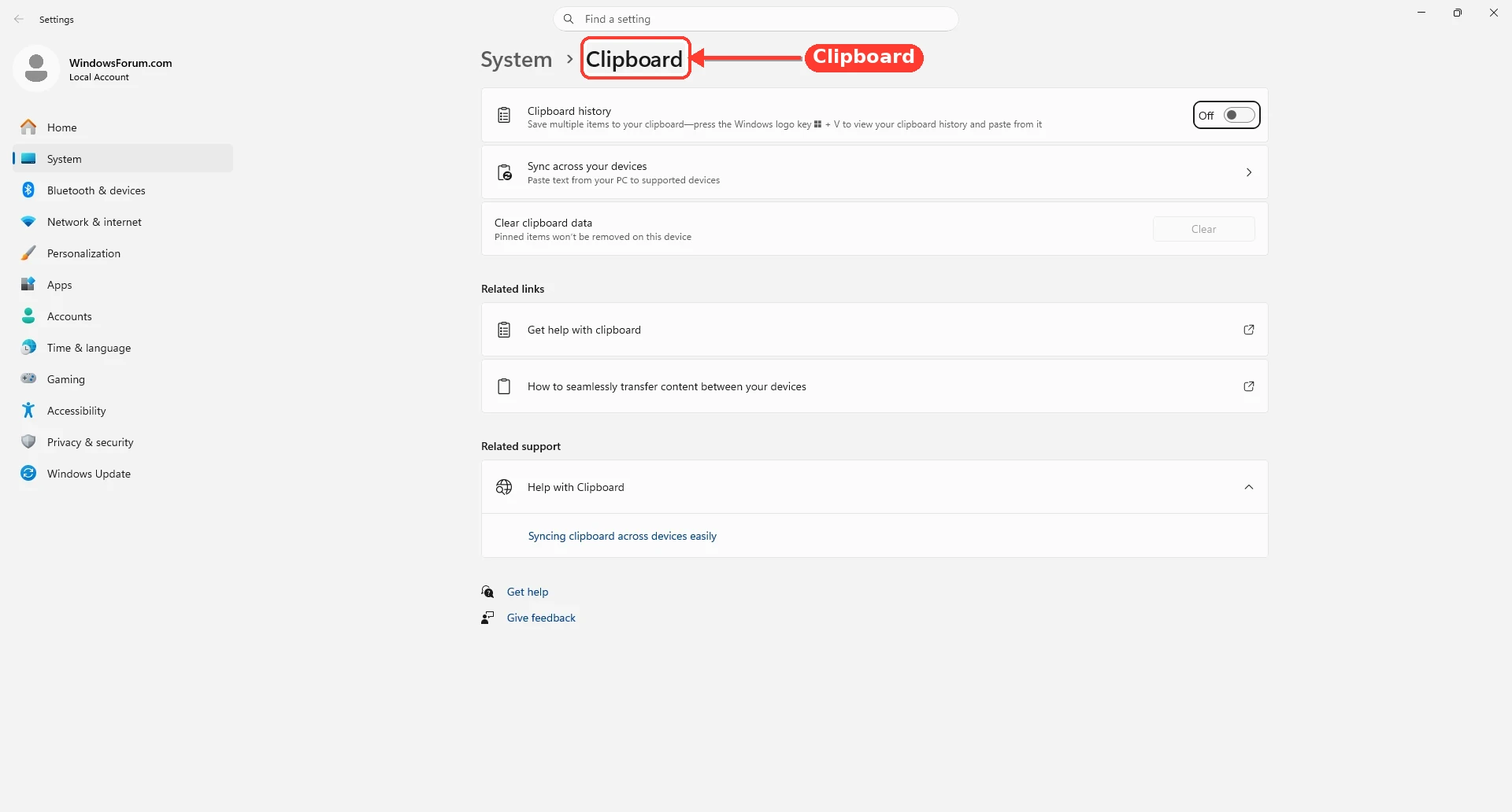 Clipboard history toggle turned on in Windows Settings.
