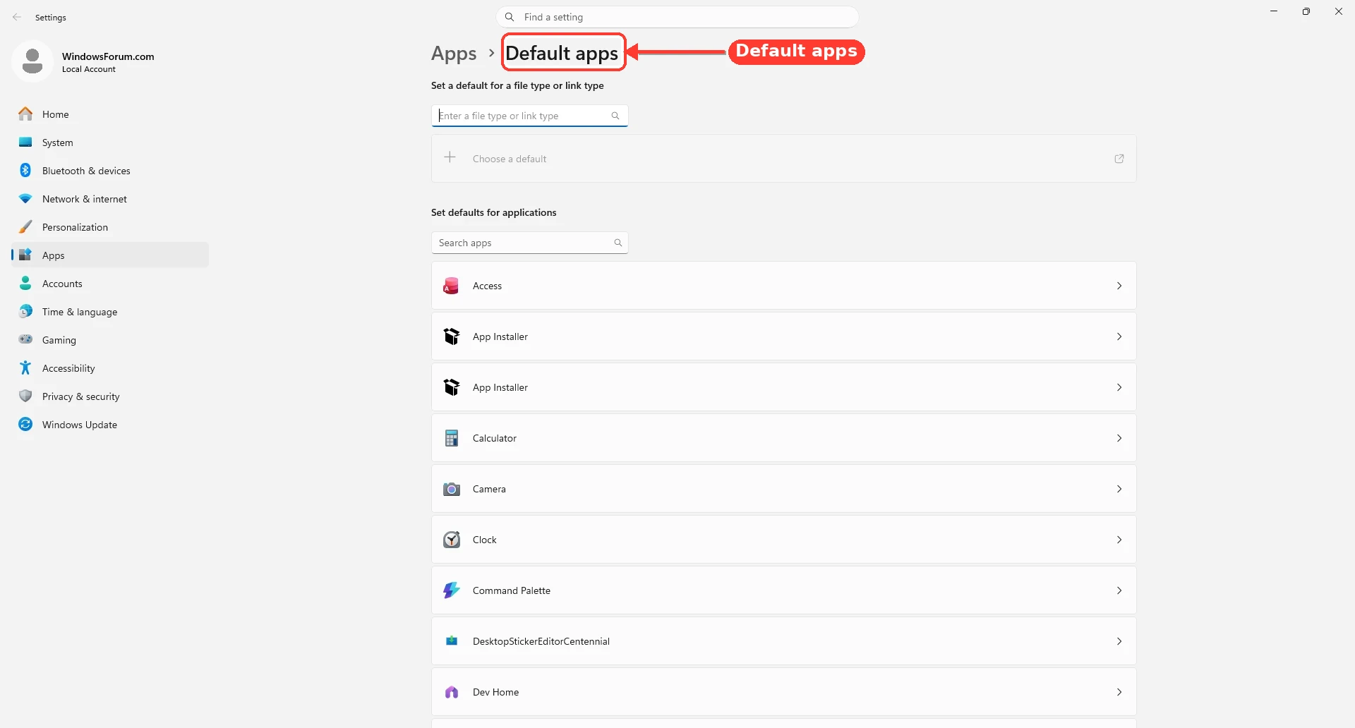 Windows 11 Default apps settings page.