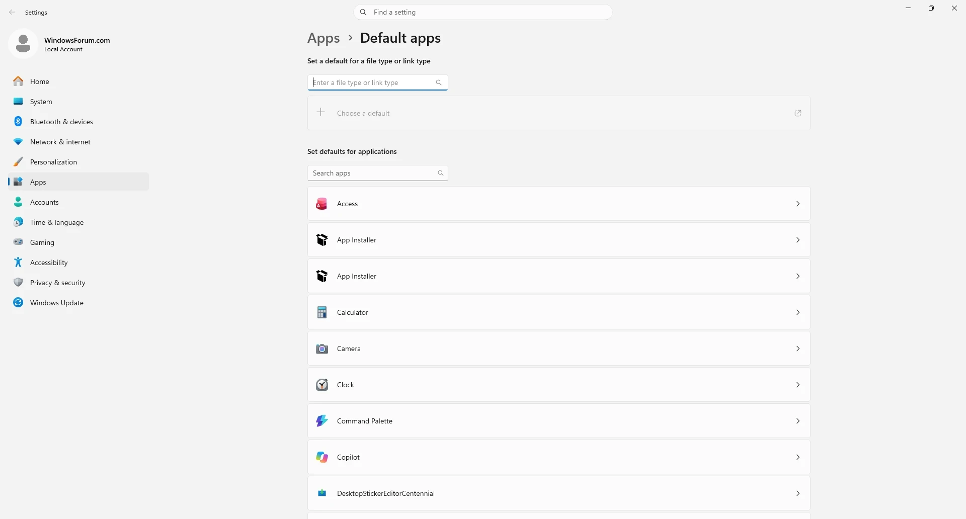 Windows 11 Settings on the Apps > Default apps page with the app search box and the installed-app list used to open each app's file and link associations