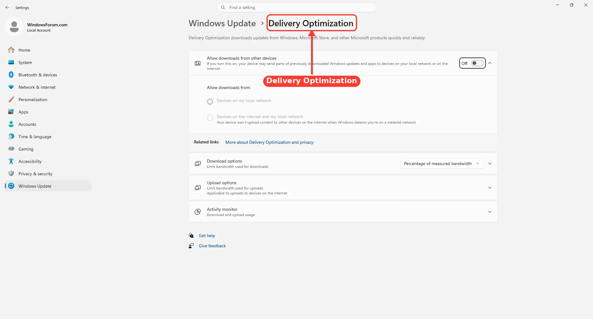 Delivery Optimization settings page showing sharing and bandwidth controls.