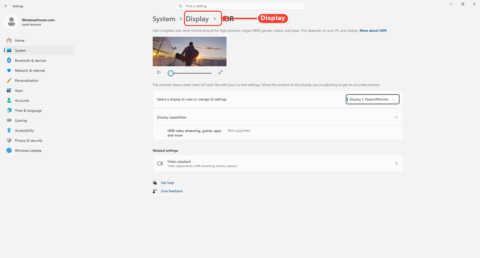 Settings opens to the HDR display page, where HDR-related controls such as Auto HDR appear only when the selected display and system support them.