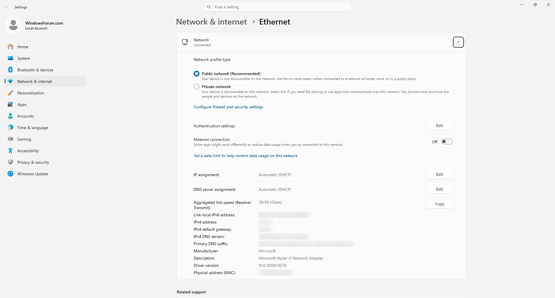 The Ethernet settings page for the wired network: Network profile type (Public or Private network), firewall and authentication settings, the Metered connection control and the IP 