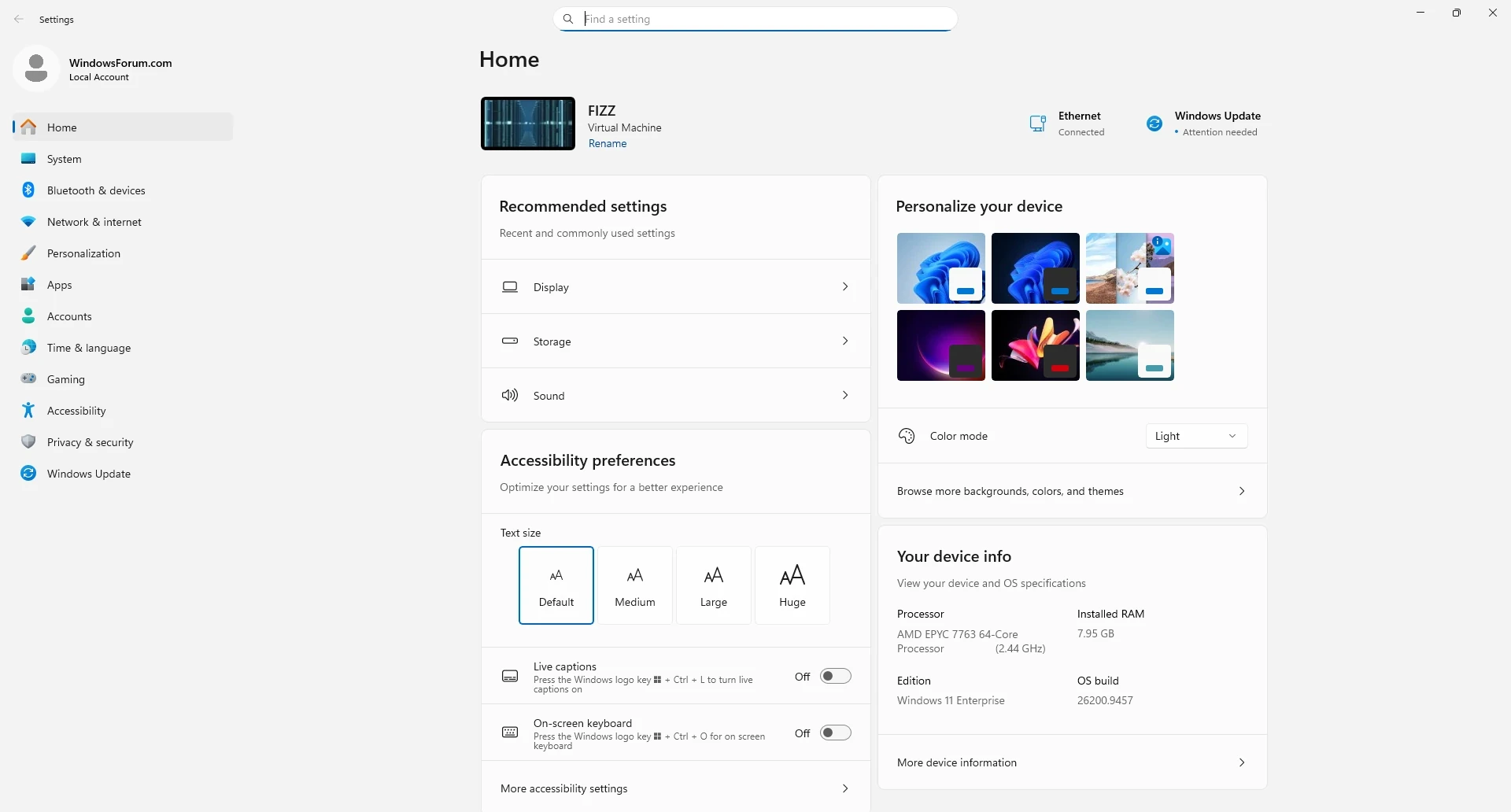 Windows 11 Settings home page with the navigation sidebar visible.