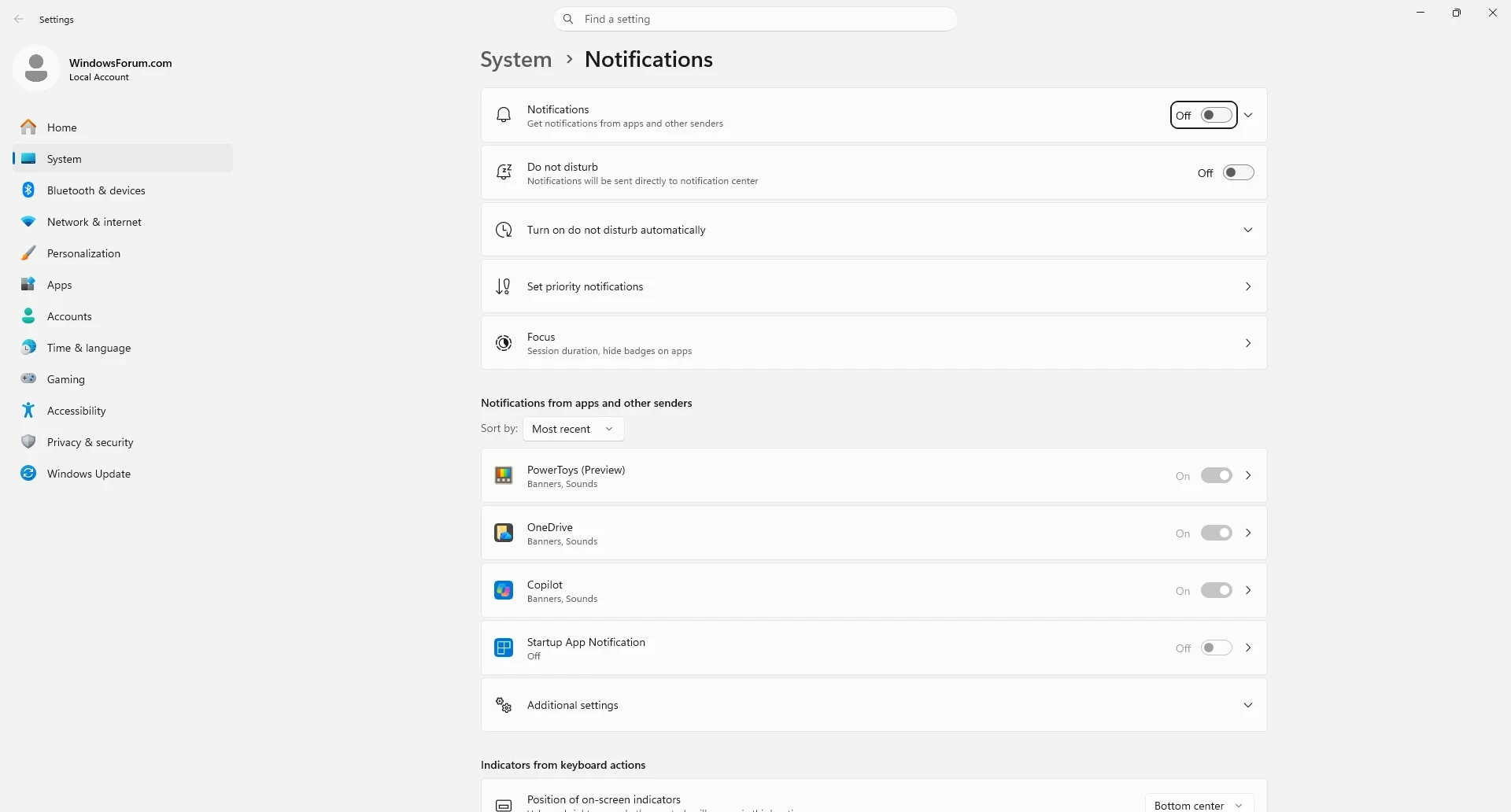 Windows 11 Settings app on the Notifications page with per-app notification toggles and Do not disturb