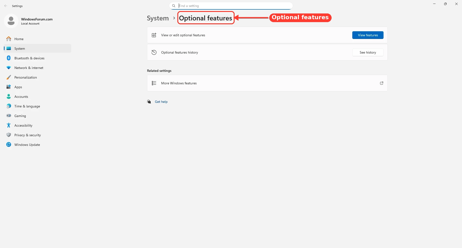Windows 11 Settings open to Optional features with installed features and the add/search controls.