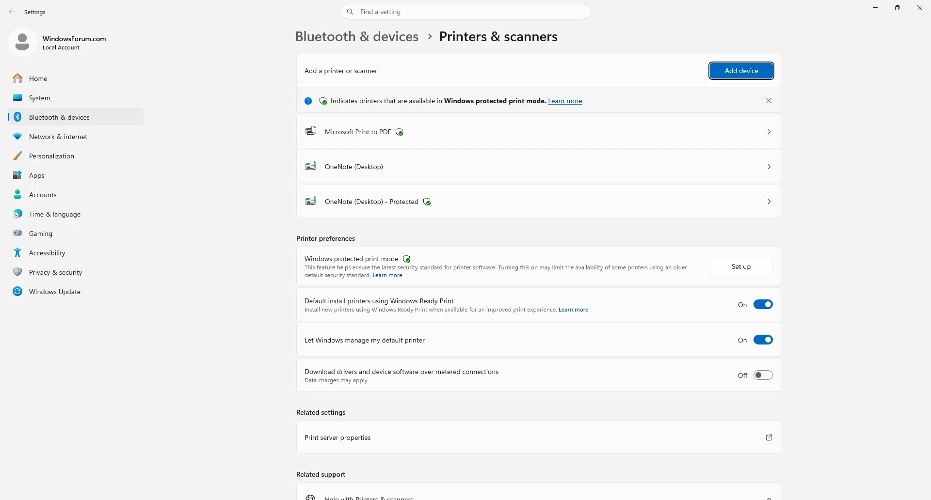 Settings shows the Printers & scanners page with the Add device button and the installed printer list for managing or removing printers.