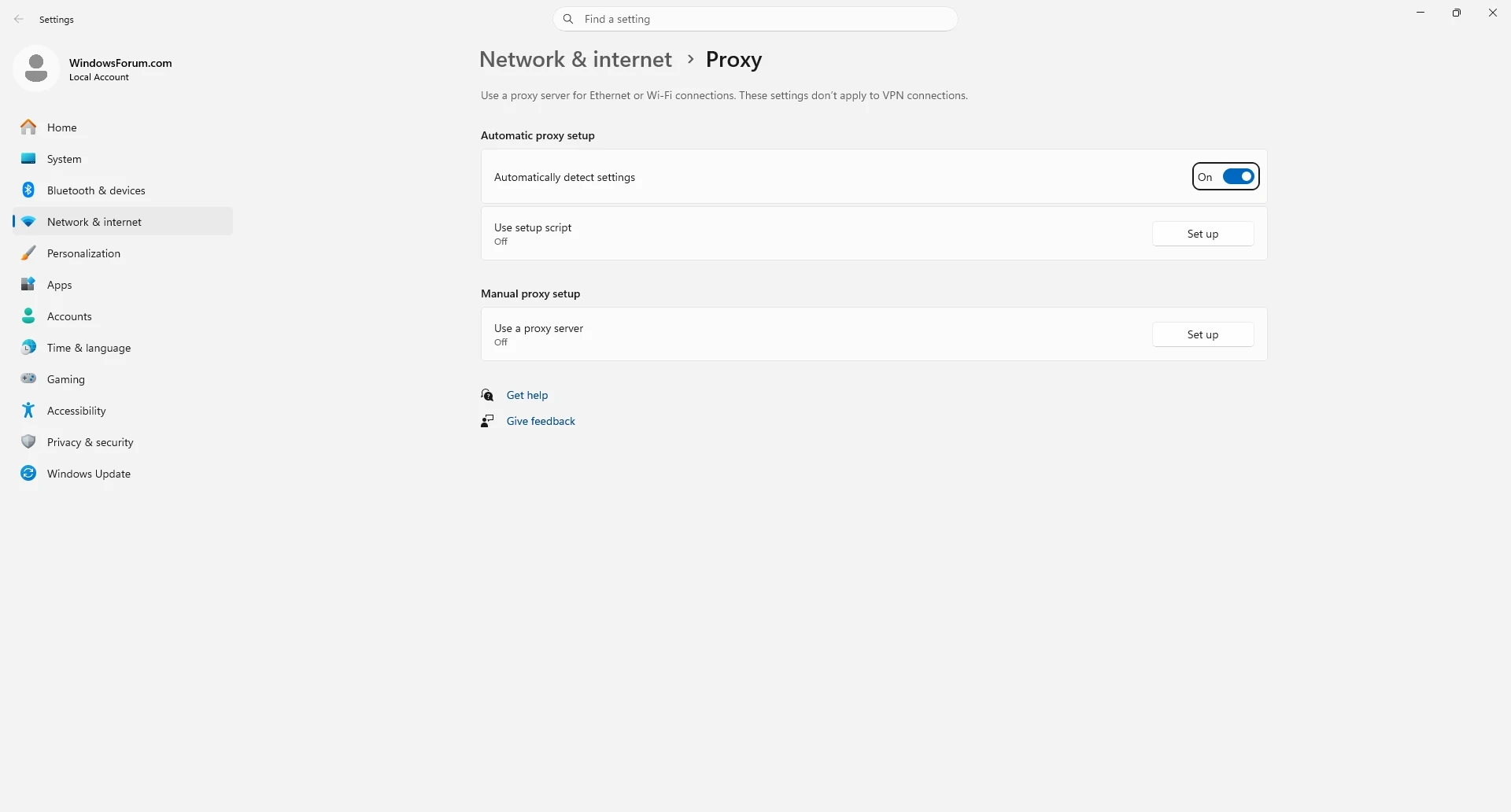 Windows 11 Settings on Network & internet > Proxy — automatic and manual proxy setup