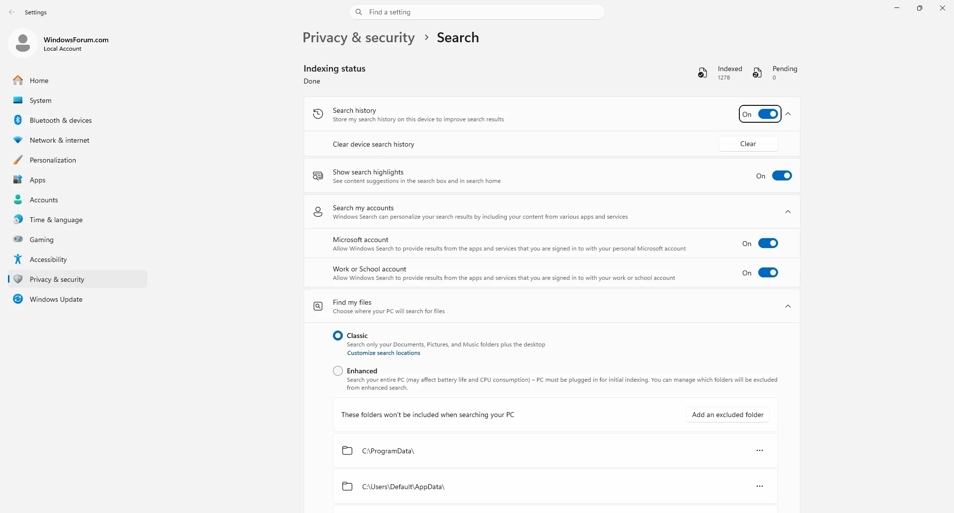 Windows 11 Settings on the Searching Windows page with file indexing options.