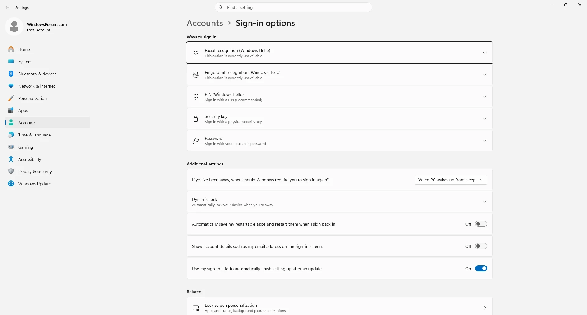 Windows 11 Settings on Accounts > Sign-in options listing the Windows Hello sign-in methods, including PIN (Windows Hello)
