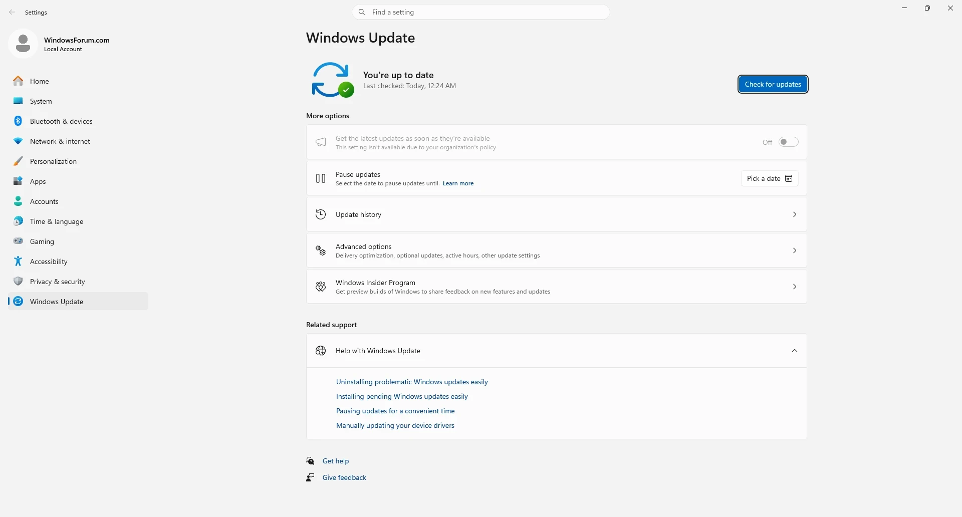 Windows 11 Settings app on the Windows Update page with the Check for updates button