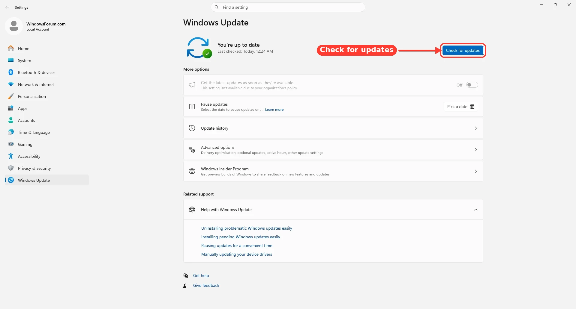 Windows 11 Settings app on the Windows Update page with the Check for updates button
