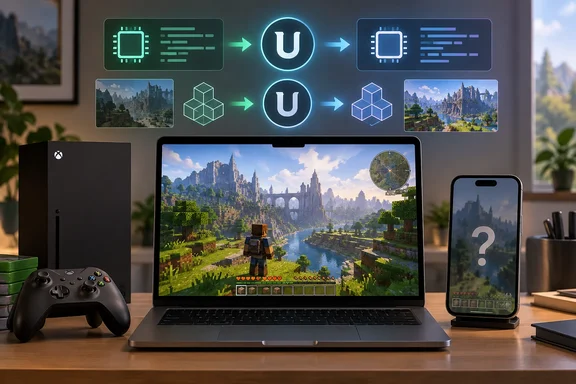 A laptop displays a blocky fantasy game beside an Xbox console and controller, with a phone and graphics diagram above.