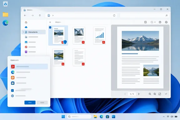 A Windows 11 File Explorer window shows PDF documents, with one selected and a mountain-lake preview open.
