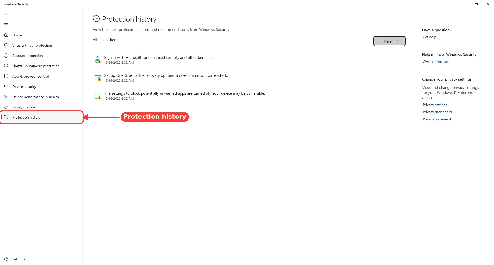 Windows Security opens to Protection history, listing recent protection events if any exist on the machine.