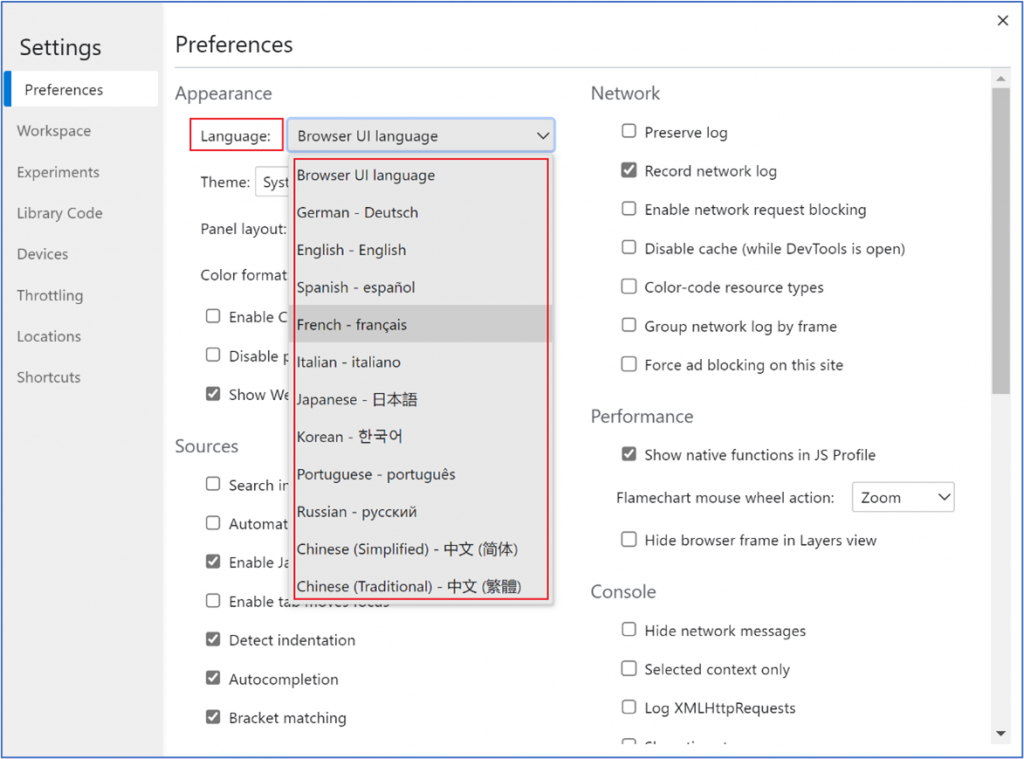 Language menu in DevTools Preferences