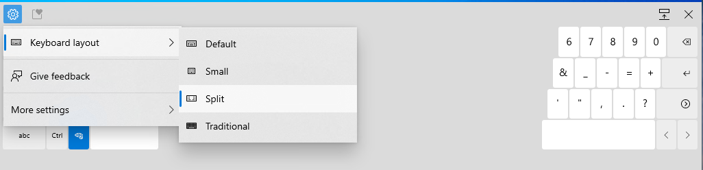The revamped touch keyboard settings menu allows you to quickly change between keyboard modes, access more settings and give feedback. 