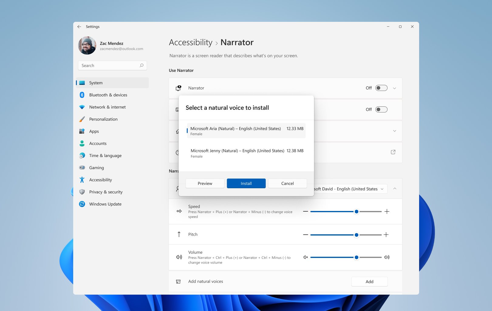 The Select a natural voice to install dialog displays a list of natural voices preview, install, and cancel buttons.